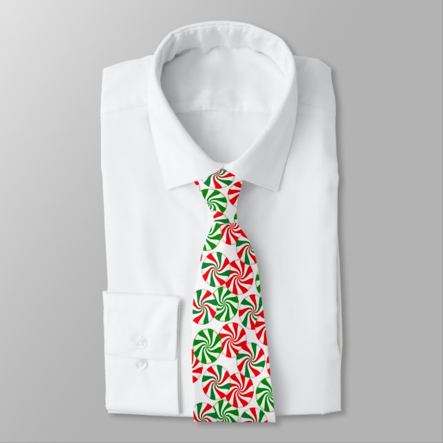 Red White and Green Peppermint Candy Swirl Pattern Tie (Tied)