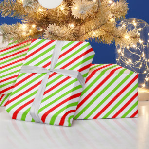 Red White and Green Striped Merry Christmas Wrapping Paper