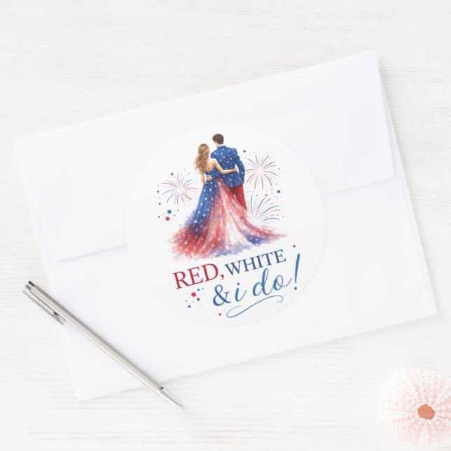 Red White and I do Americana Wedding Classic Round Sticker (Envelope)