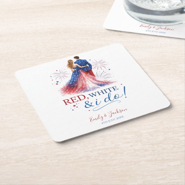 Red White and I do Americana Wedding Square Paper Coaster (Angled)