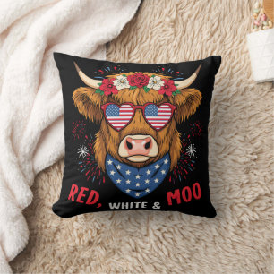 Red White and Moo Highland Cow 4th July 250 Years Cushion