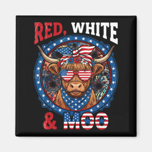 Red White And Moo Highland Cow 4th July 250 Years Magnet