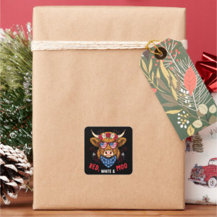Red White and Moo Highland Cow 4th July 250 Years Square Sticker