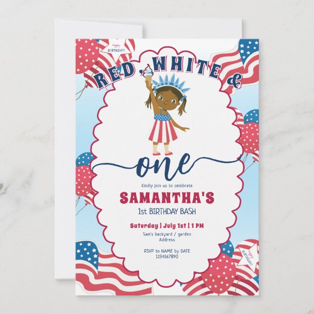 Red White and One 4th of July Girl 1st Birthday Invitation (Front)