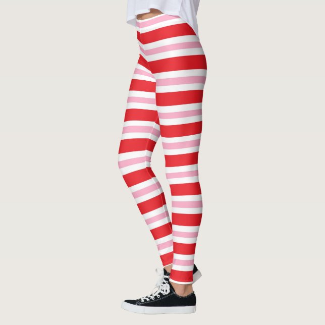 Red, White and Pink Thick and Thin Stripes Leggings (Left)
