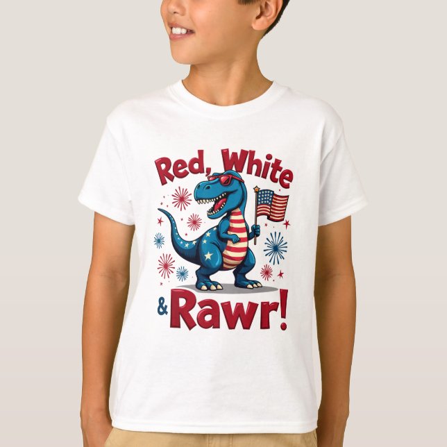 Red White and Rawr Cute Dinosaur USA Flag T-Shirt (Front)