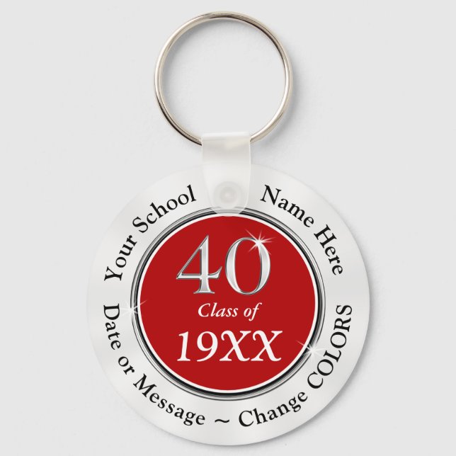 Red, White and Silver 40th Class Reunion Favours Key Ring (Front)
