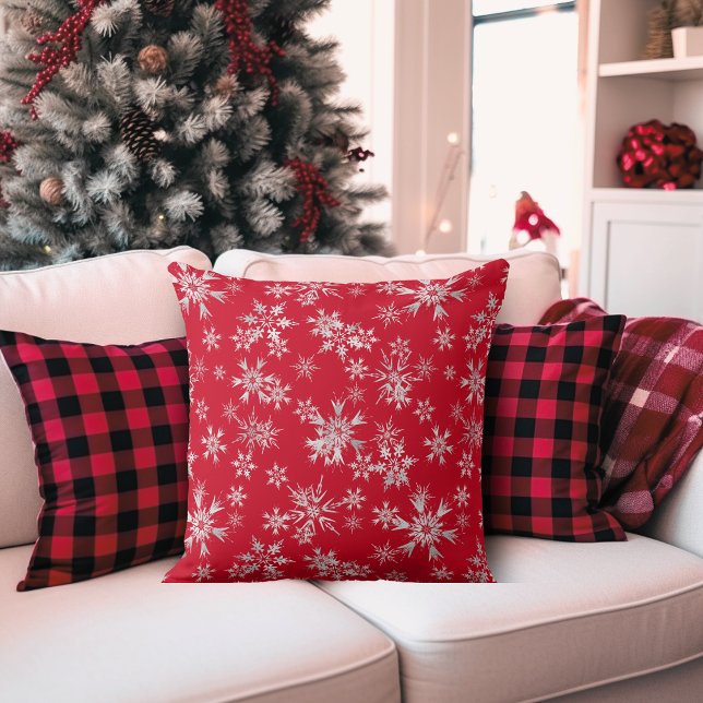 Red, White and Silver Stylish Snowflake Cushion (Red, White and Silver Stylish Snowflake Throw Pillow)