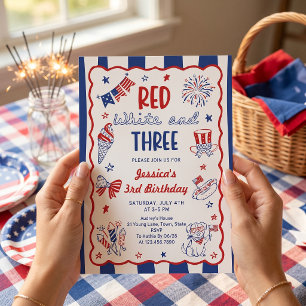 Red White and Three 3rd Birthday Invitation