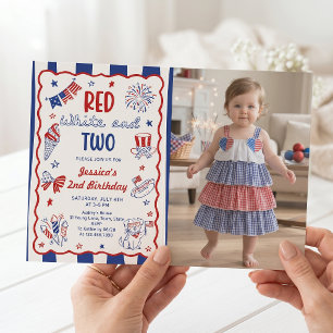 Red White and Two 2rd Birthday Photo Invitation