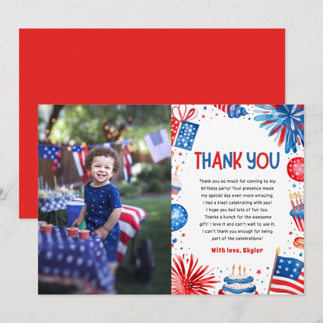 Red White and Two 4th Of July Birthday Party Thank You Card (Front/Back)