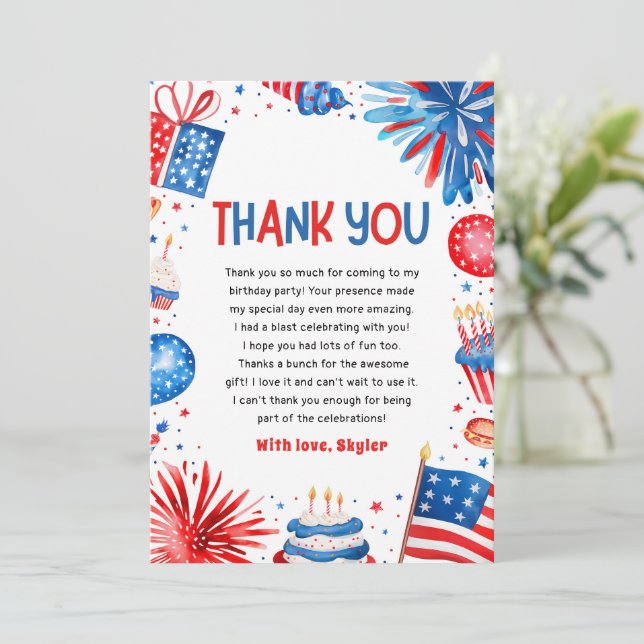 Red White and Two 4th Of July Birthday Thank you Invitation (Standing Front)