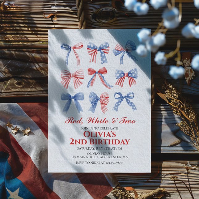 Red, White and Two Bows 4th of July 2nd birthday Invitation (Creator Uploaded)