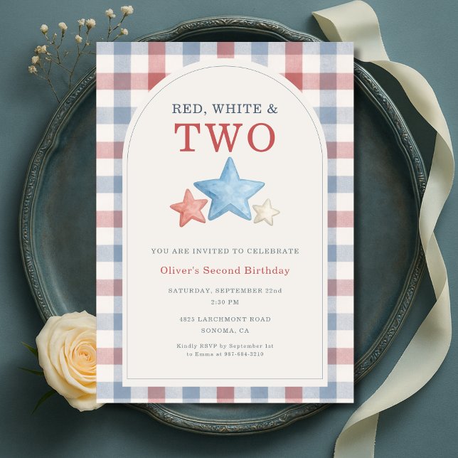 Red White and Two July 4th Gingham Birthday Invitation (Creator Uploaded)