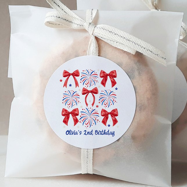 Red White and Two July Girl 2nd Birthday Classic Round Sticker (Creator Uploaded)