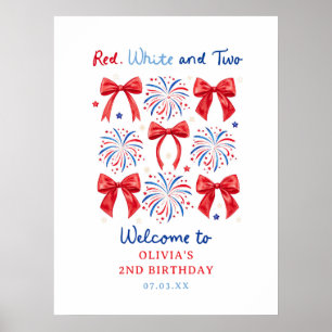 Red White and Two July Girl 2nd Birthday Welcome Poster