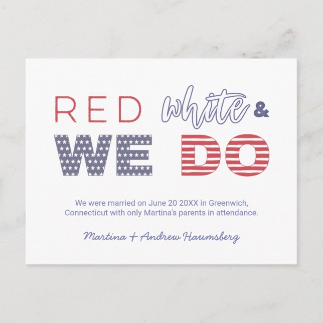 Red White And We Do We Got Married We Eloped Announcement Postcard (Front)