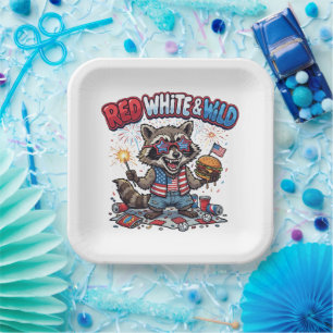 Red White and Wild Racoon 4th of July Paper Plate