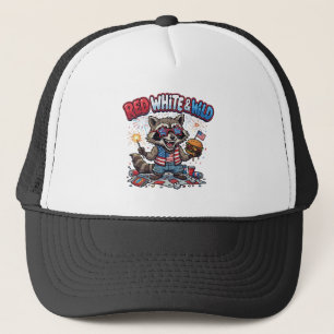  Red White and Wild Racoon 4th of July Trucker Hat