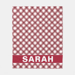 Red & White Argyle Plaid Custom Name Fleece Blanket
