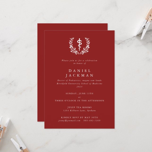 Red/White Asclepius Medical School Graduation Invitation (Front/Back In Situ)