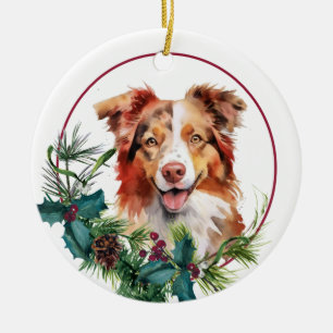 Red White Australian Shepherd Dog Evergreen Wreath Ceramic Ornament