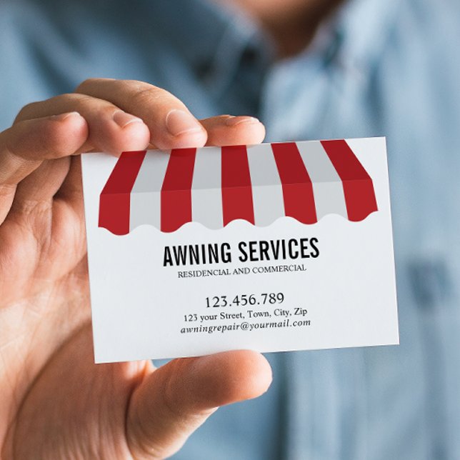 Red  White Awning Services Cleaning Professional Business Card (Eye-Catching Red and White Awning Business Card with list of service)