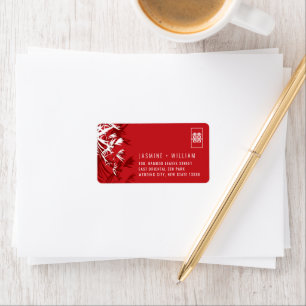Red & White Bamboo Leaves Chinese Wedding Address Label