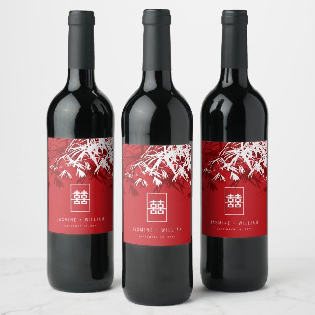 Red/White Bamboo Leaves Double Xi Chinese Wedding Wine Label (Bottles)