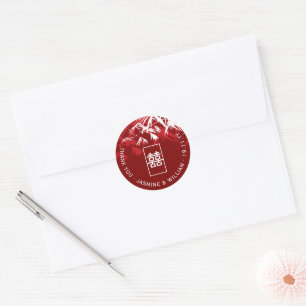 Red White Bamboo Leaves Shuang Xi Chinese Wedding Classic Round Sticker