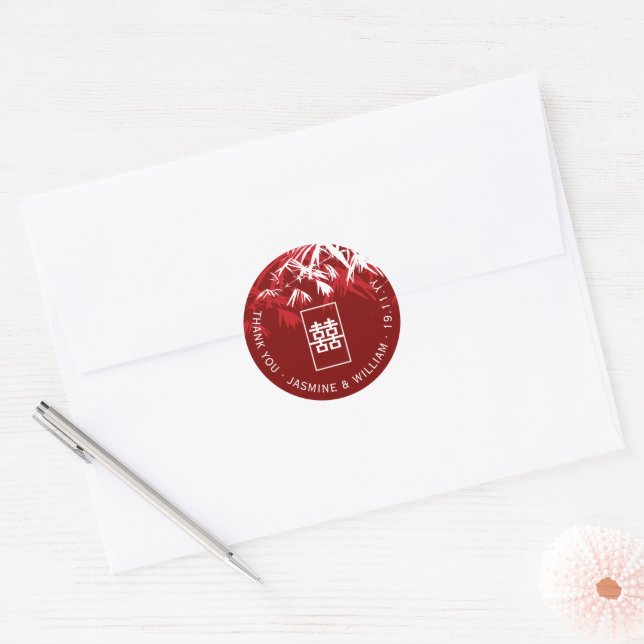 Red White Bamboo Leaves Shuang Xi Chinese Wedding Classic Round Sticker (Envelope)