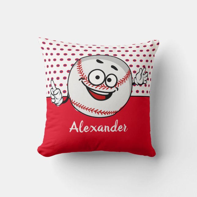 Red White Baseball funny face monogram name  Cushion (Front)