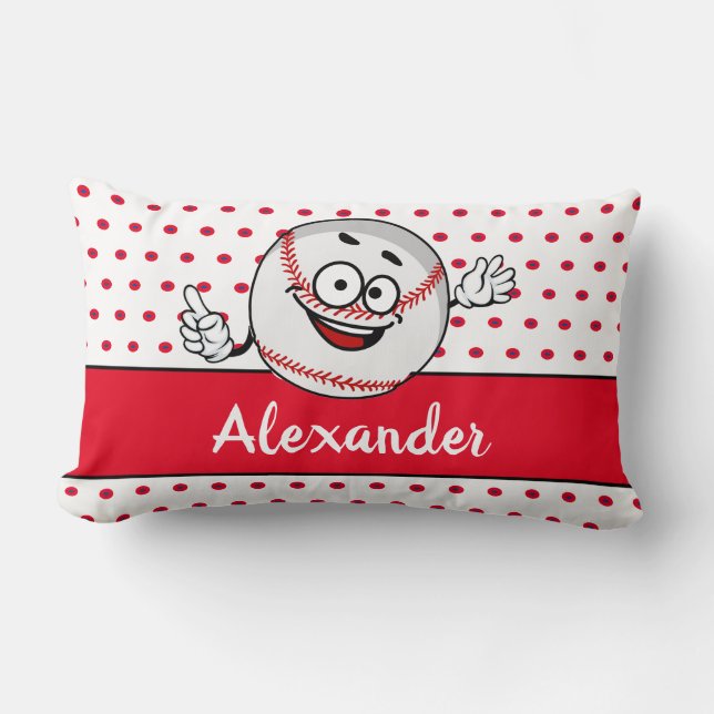 Red White Baseball funny face monogram name Lumbar Cushion (Front)