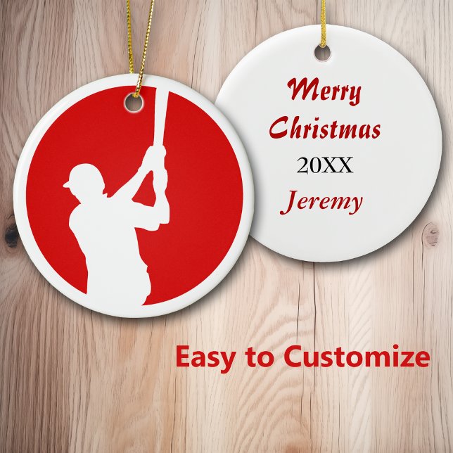 Red White Baseball Player Personalised Ceramic Tree Decoration (Creator Uploaded)