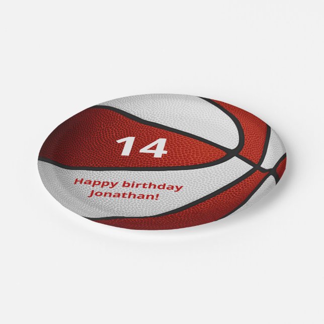 red white basketball birthday party paper plate (Angled)