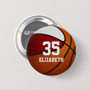 Red white basketball team colours girls boys name 6 cm round badge