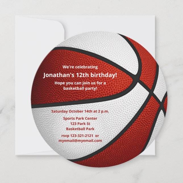 red white basketball themed birthday party announcement (Front)