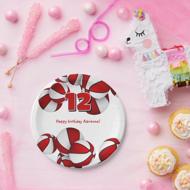 red white basketballs young athlete birthday paper plate (Party)