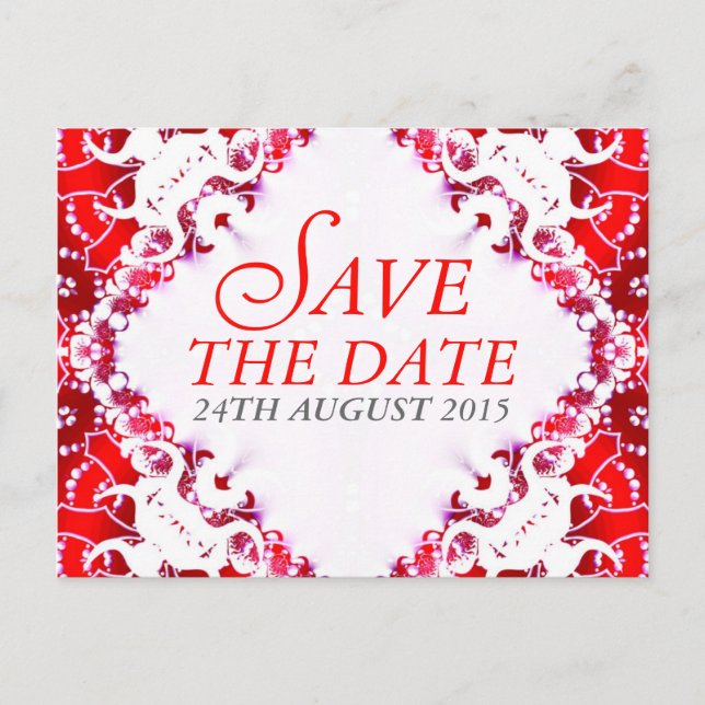 Red White Batik Save the Date Postcard (Front)