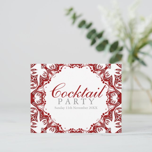 Red White Batik Spirit Cocktail party Invitation Postcard (Standing Front)