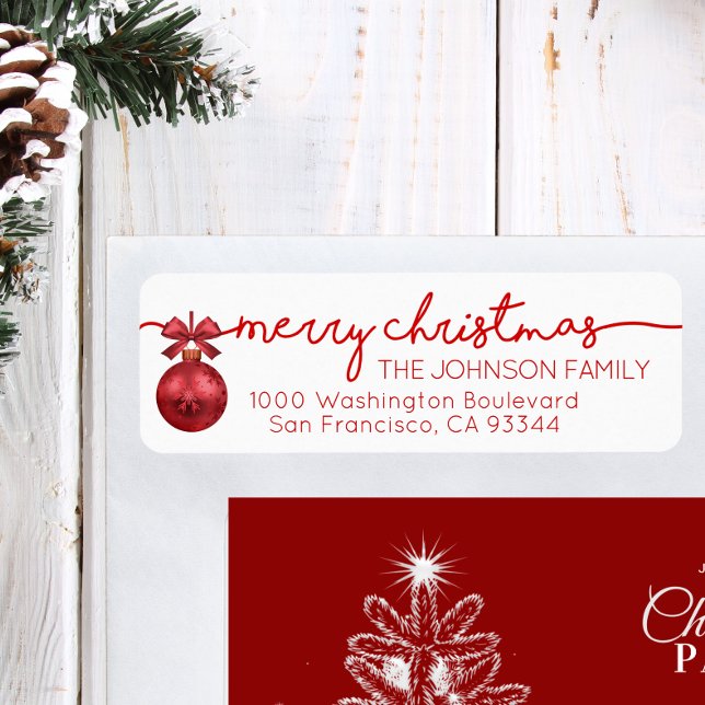 Red White Bauble Merry Christmas Return Address Label (Red White Bauble Merry Christmas Return Address Label)