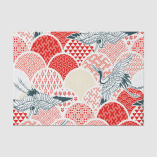 Red White Bird Japanese Kimono Floral Decoupage Tissue Paper