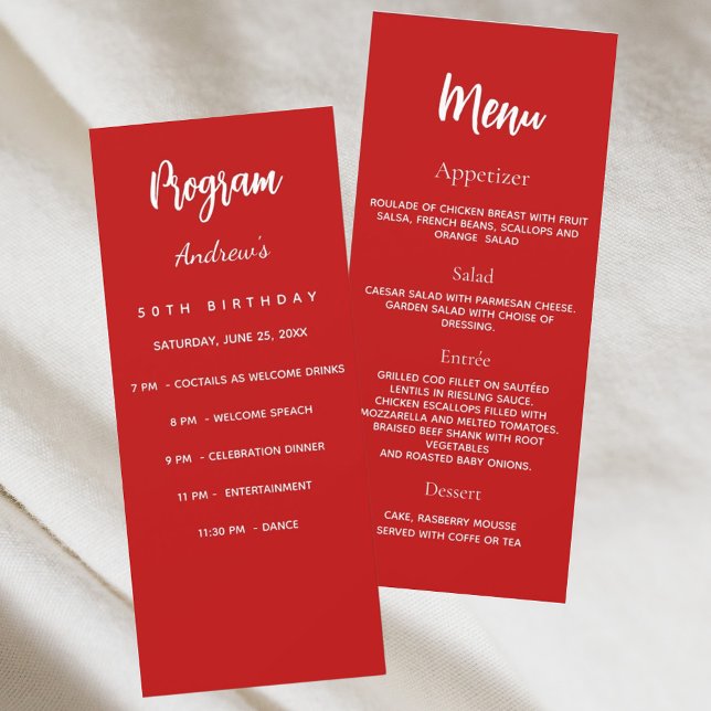 Red white birthday program dinner menu card (Creator Uploaded)