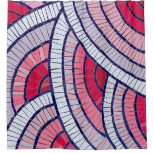 Red, white, black, and pink abstract artwork shower curtain