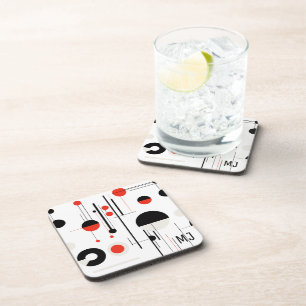 Red white black bauhaus geometric shapes on white coaster
