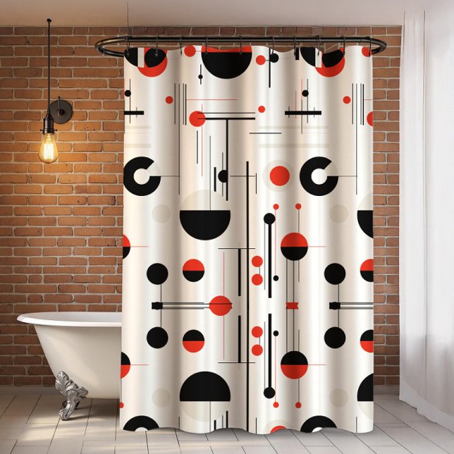Red white black bauhaus geometric shapes on white shower curtain (Creator Uploaded)