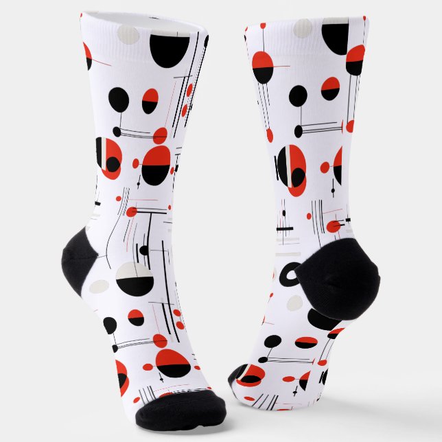 Red white black bauhaus geometric shapes on white socks (Angled)