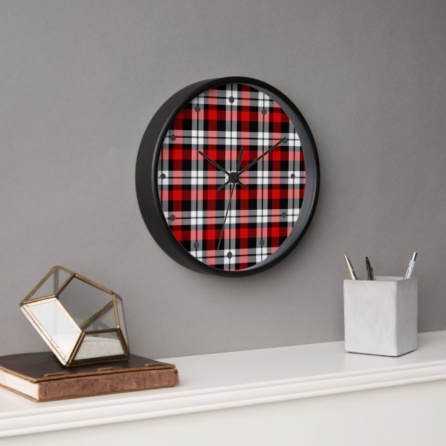Red White Black Buffalo Check Plaid Pattern Clock (Office)