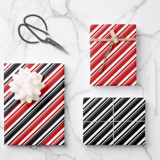 Red White Black Candy Cane Stripe Holiday Wrapping Paper Sheet (Front)