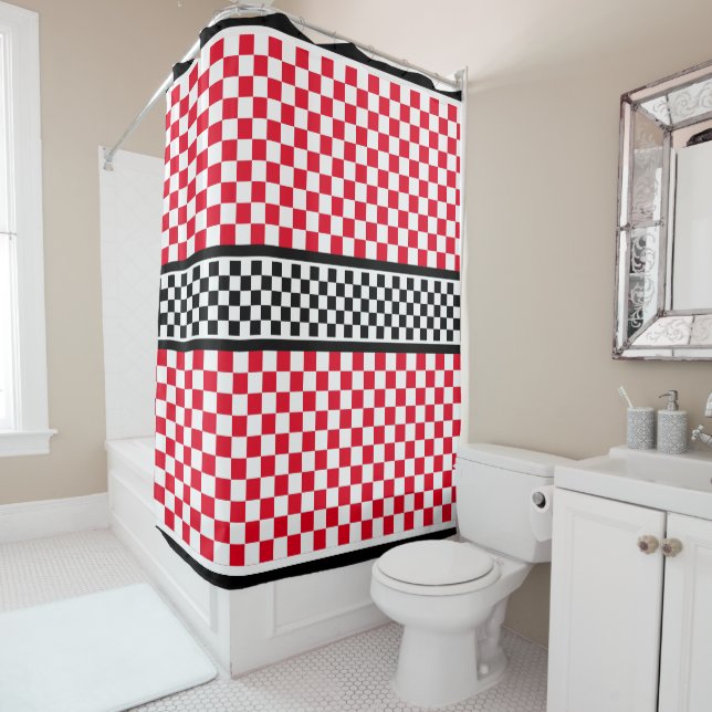 Red White Black Chequered Shower Curtain (In Situ)
